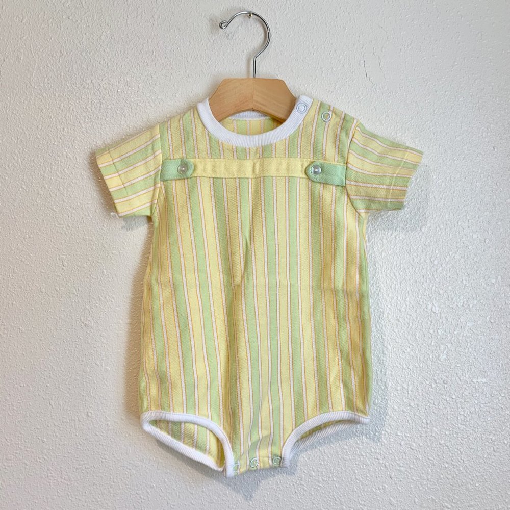 Vintage 60s Infant Striped Romper Unisex Boy's Yellow Green Short Sleeved